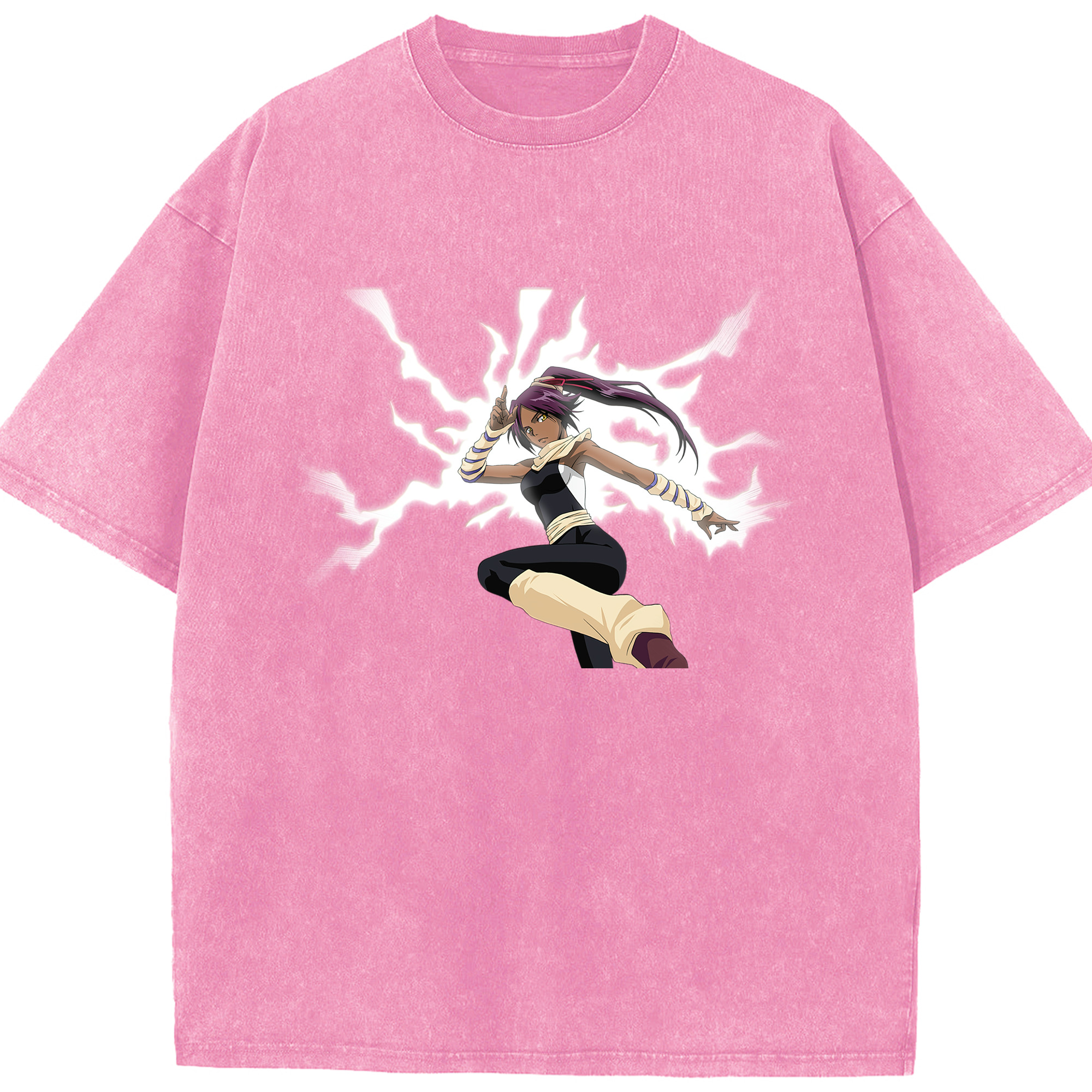 （画像用） ブリーチ 四楓院 夜一（しほういん よるいち） BLEACH Shihouin Yoruichi 綿100% ヴィンテージ風 半袖Tシャツ（フロントプリント）